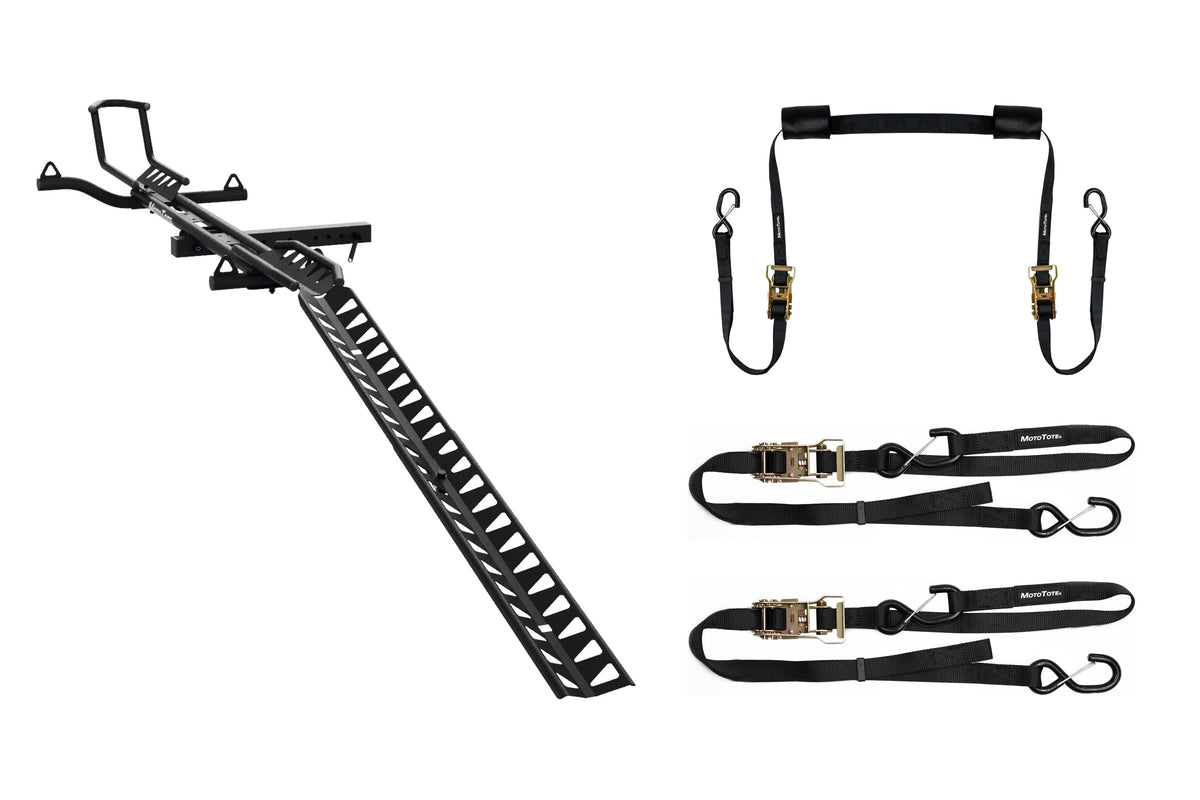 What is in the Olto Transport Kit: hitch rack with folding loading ramp, HandleCuff and SafeLoop ratcheting tie-downs